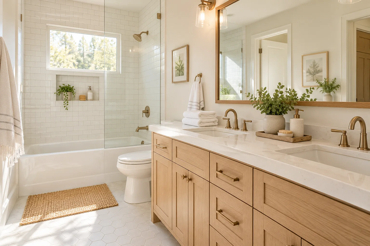 Fresh white bathroom with a clean vanity and folded towels