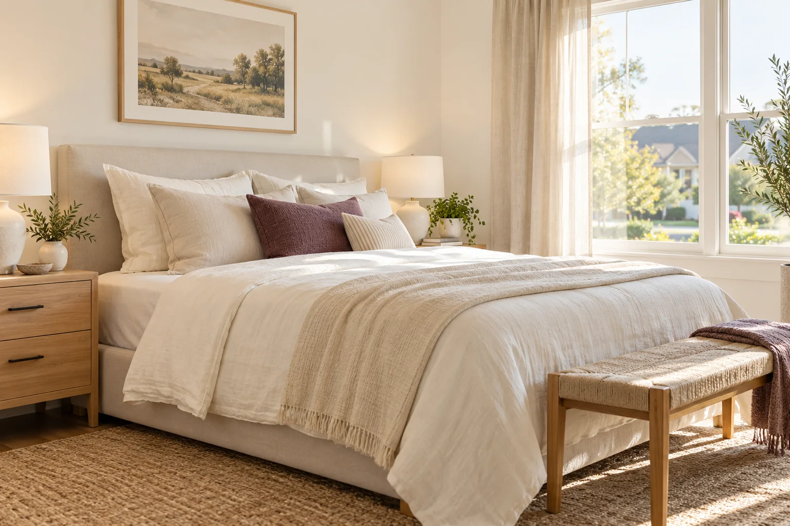 Inviting bedroom with fresh cream linens and natural light