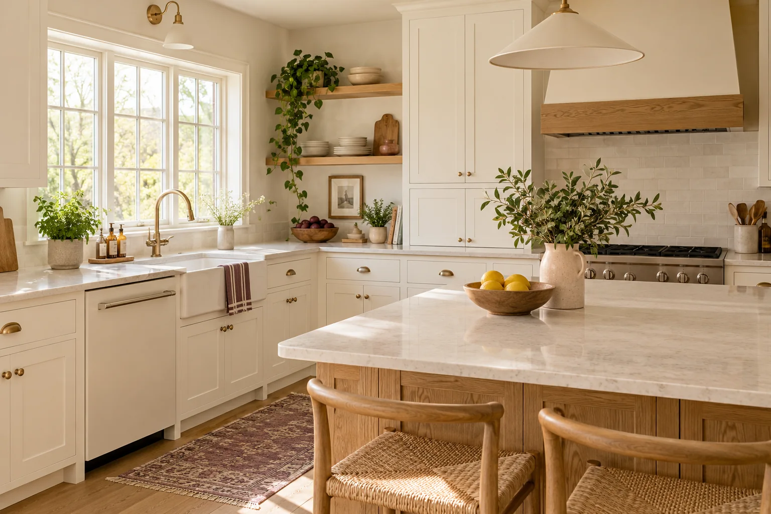 Bright kitchen with clean countertops and warm oak accents
