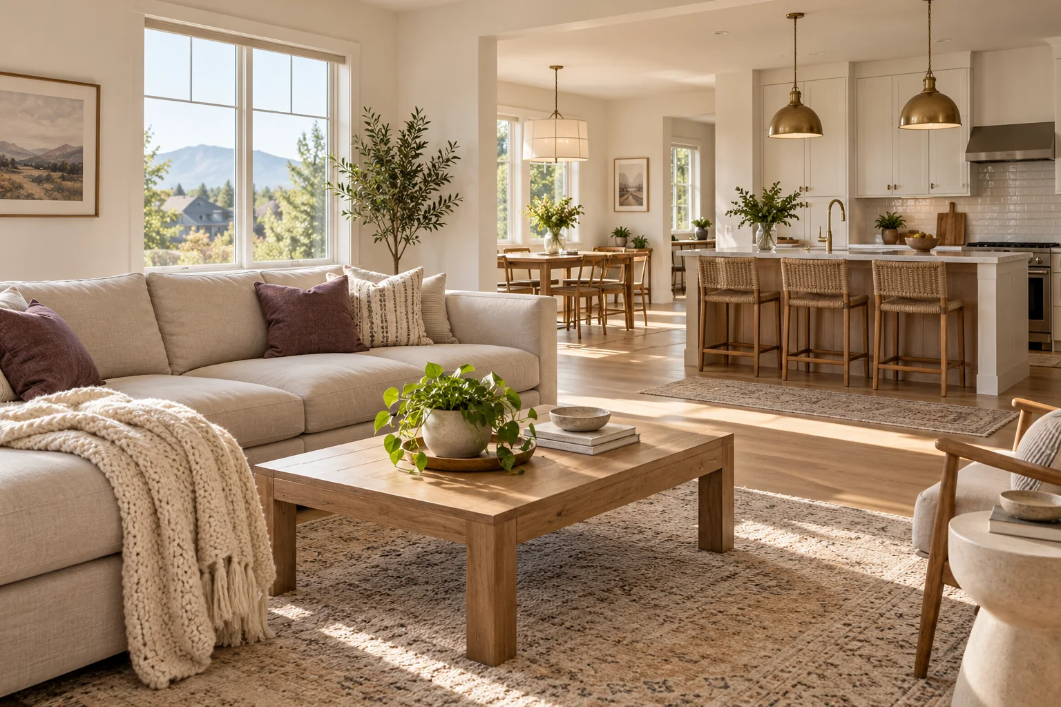 Sunlit living room and kitchen with warm neutral furnishings
